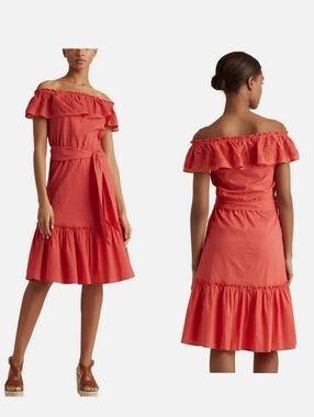 Lauren Ralph Lauren Coral Off-the-Shoulder Ruffle Midi Dress Size 12